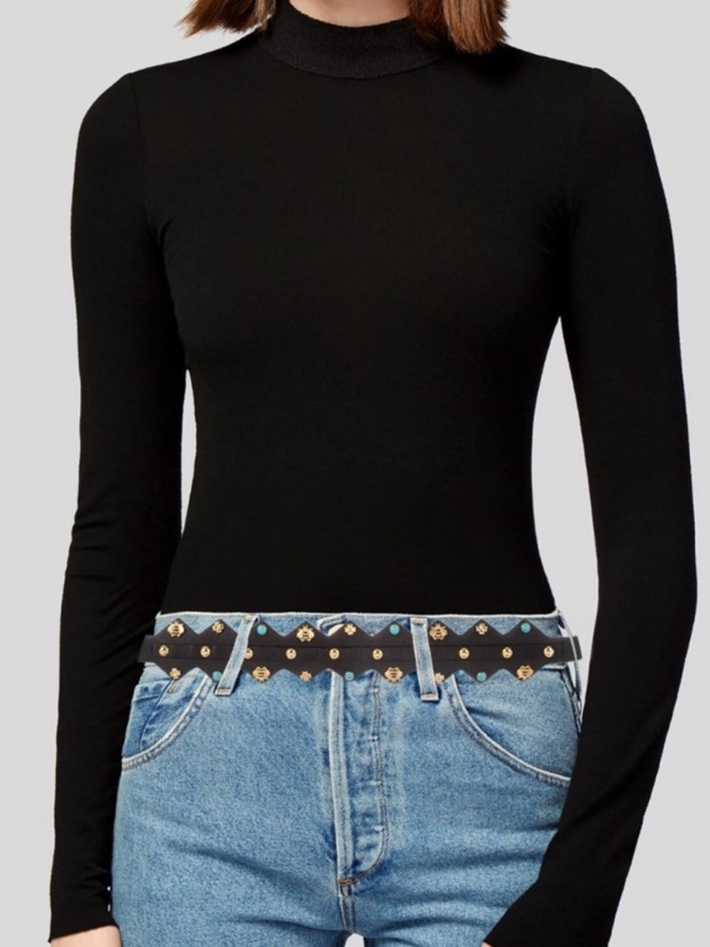 Maje black belt with gold studs, turquoise stones and gold bumble bees